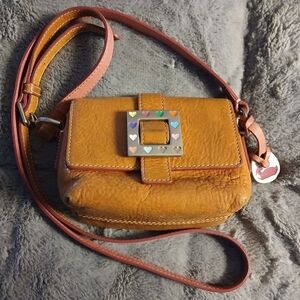 Vintage Super Cute Little Dooney & Bourke Pink & Brown Leather Heart Crossbody